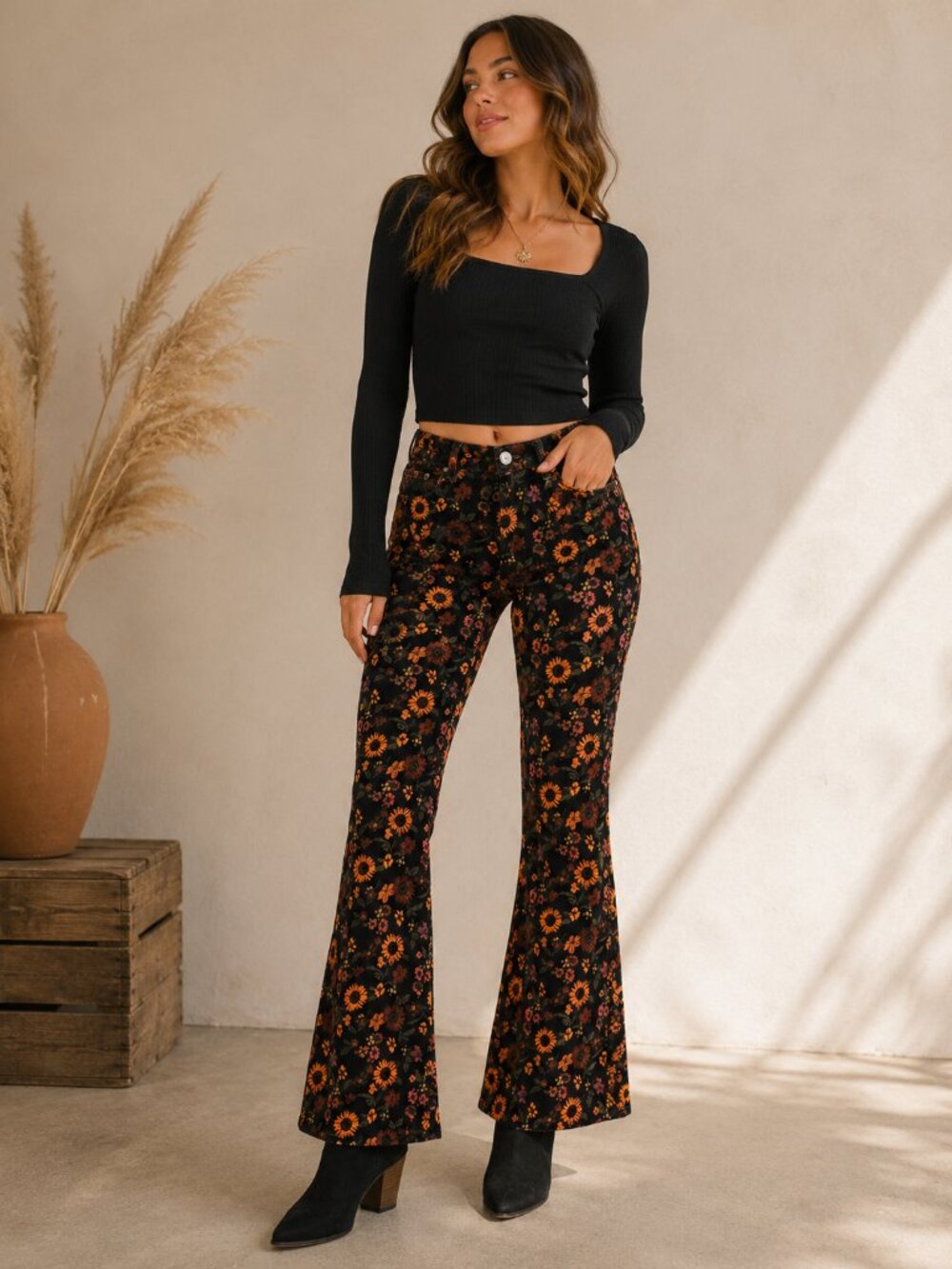 Wrangler High Rise Fierce Flare Floral Corduroy Pants 10x32 Boho Retro